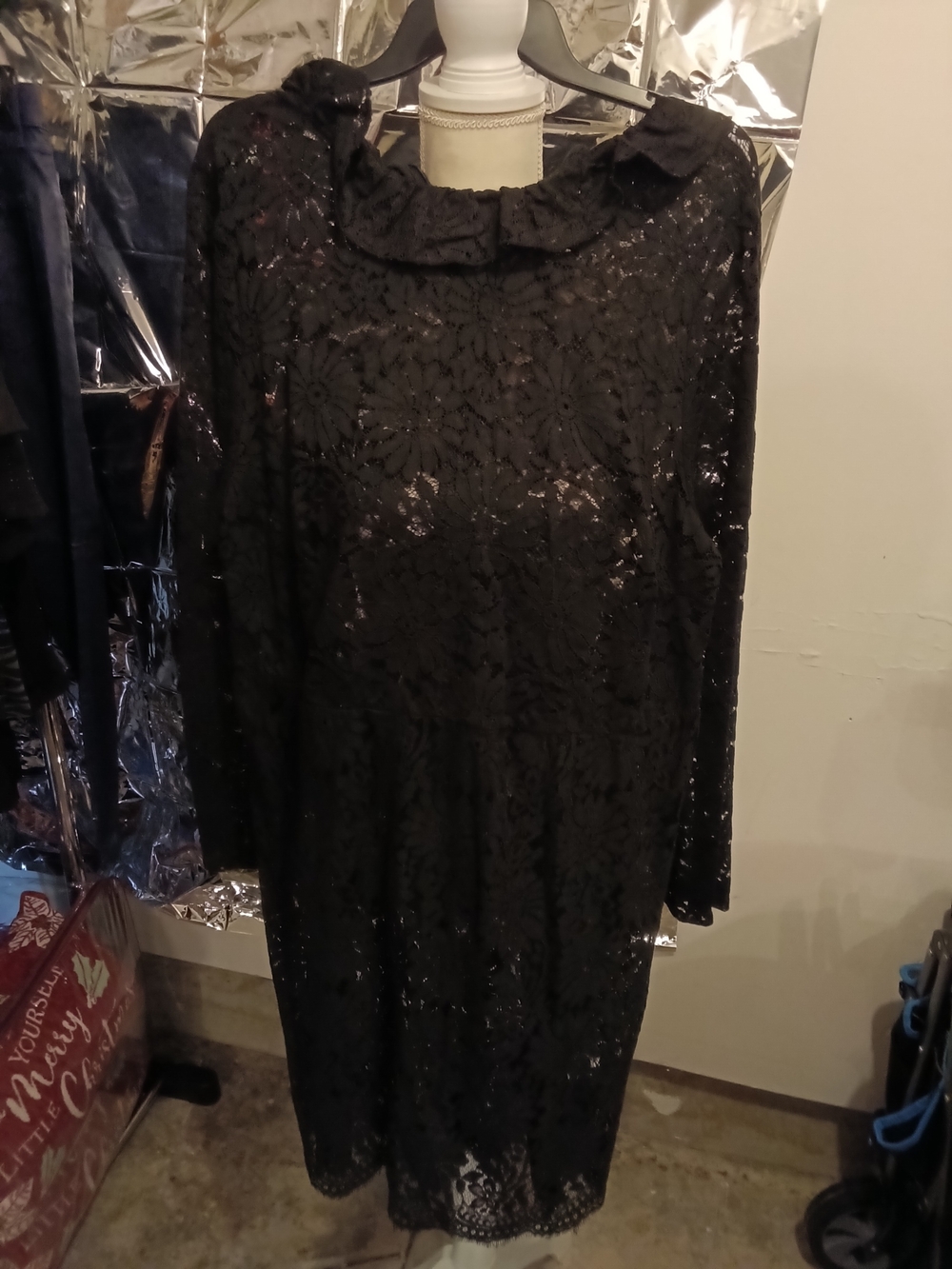 SHEIN Black Long Sleeve Lace Dress with Ruffle Neck